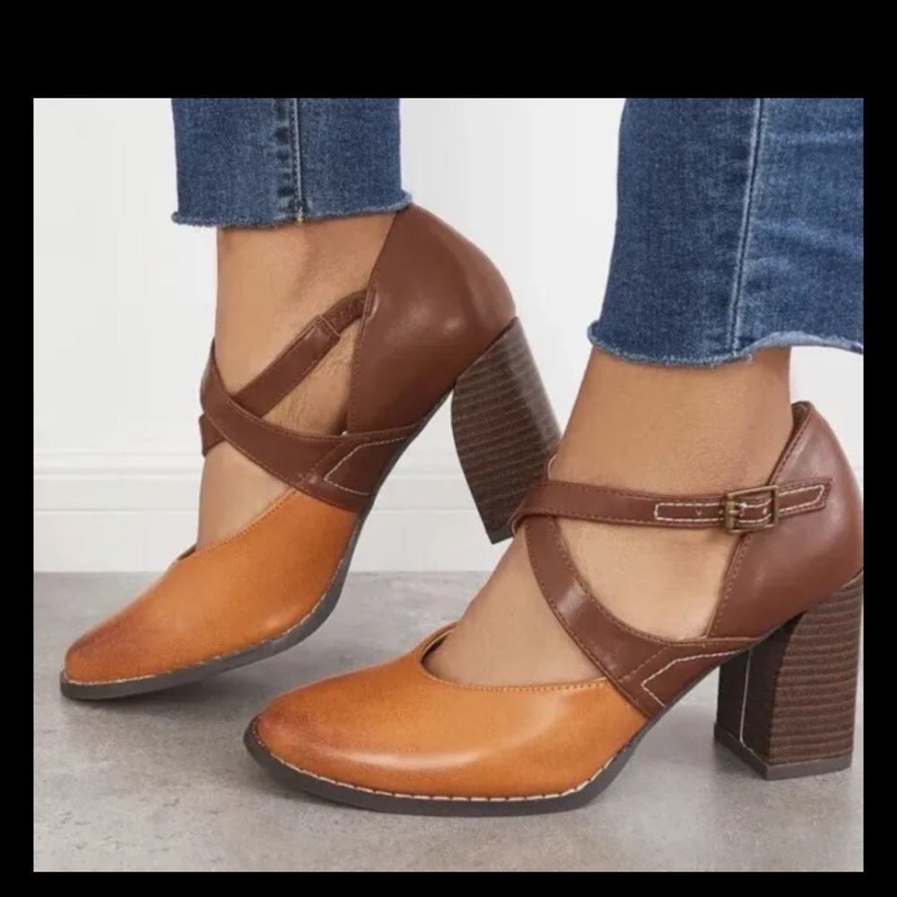 Tinstree ZT2145 Vintage Color Block Chunky Mid Heels Shoes /Tan&Black/Size 8